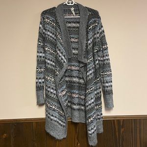 Gray blue and pink cardigan knit sweater